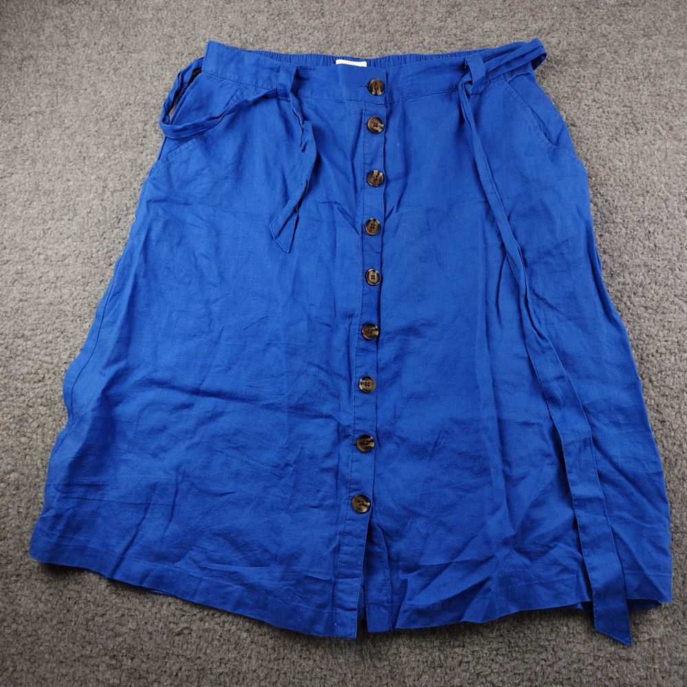 Christian Siriano Linen Skirt Sz XL Button Front Belted Blue Stretch Waist